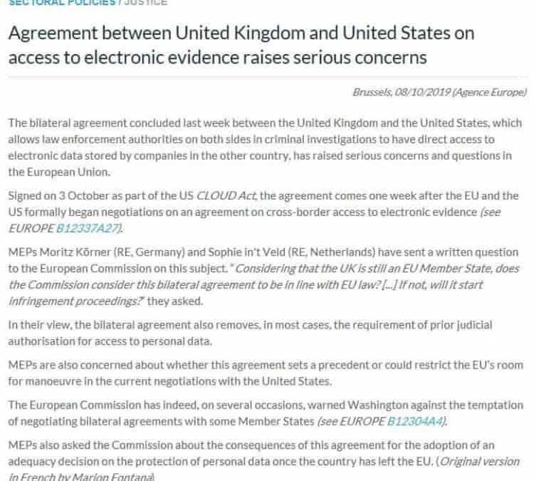 Schriftliche Anfrage an die EU-Kommission zum bilateralen Abkommen zur Strafverfolgung zwischen den USA und GB