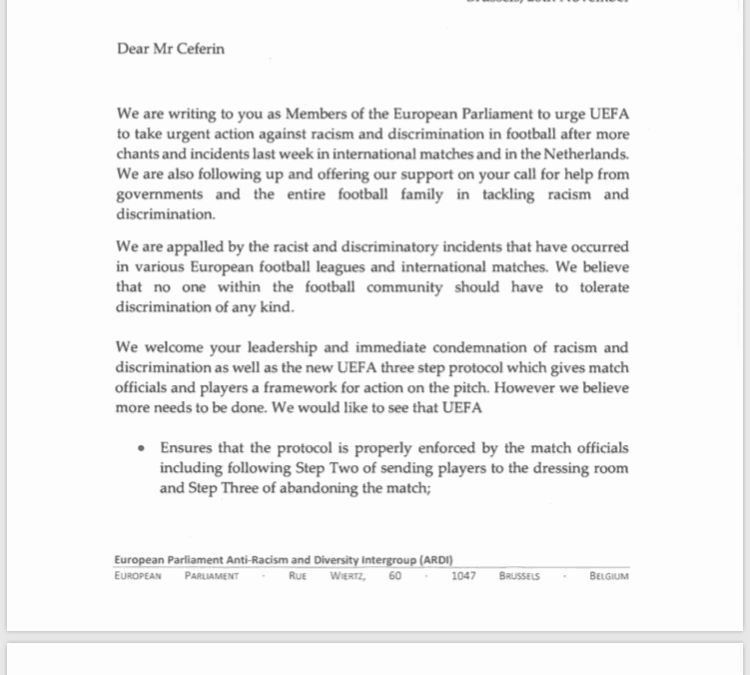 Brief an die UEFA – Aufforderung Anti-Rassismus und Anti-Diskrimierungs-Maßnahmen im Fußball